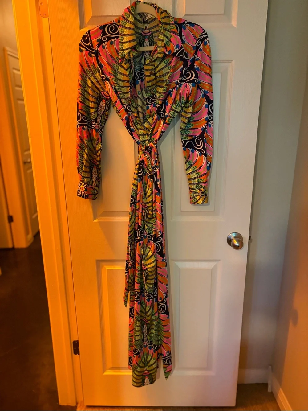 Vintage and Vibrant Multicolor Maxi Dress with Peacock Fan Print - Picture 4 of 4